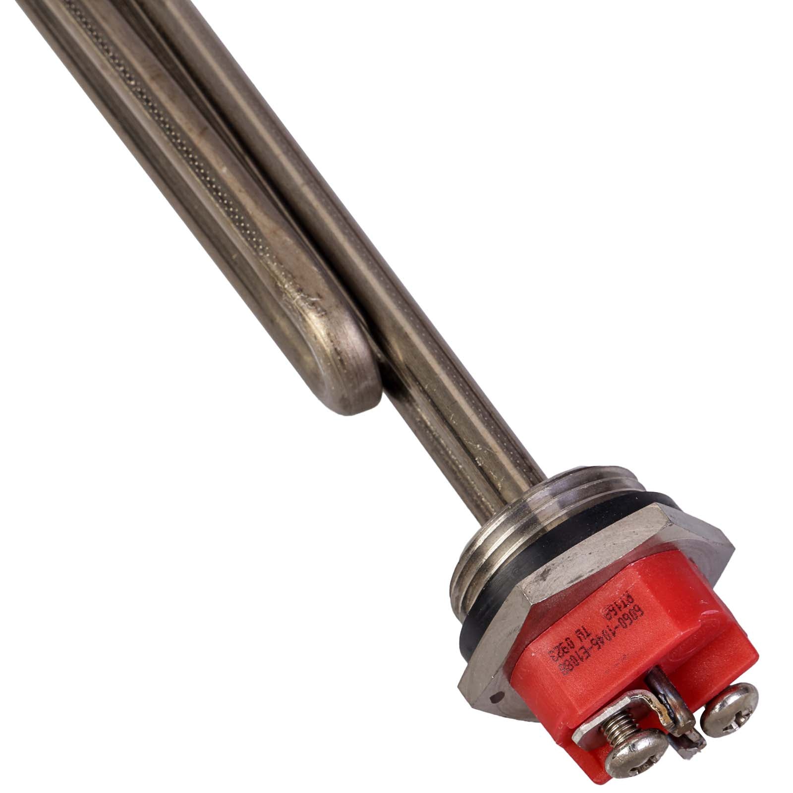 Metal electric heating element with red terminal connector and threaded mounting base.