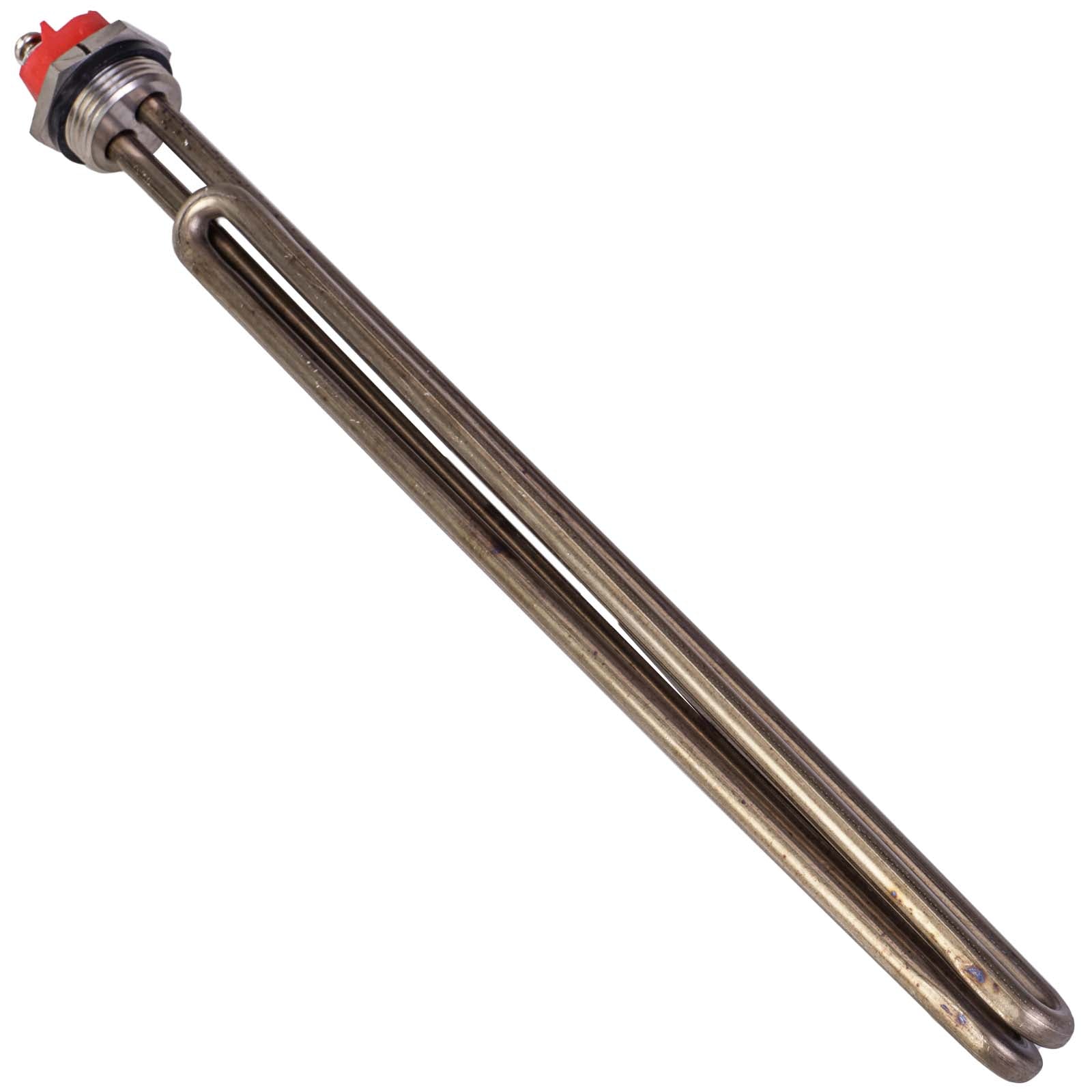 Metallic electric heating element with red connector cap at top and threaded base for immersion installation.