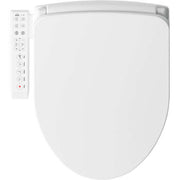 White round bidet toilet seat with attached control panel featuring multiple function buttons on the left side.