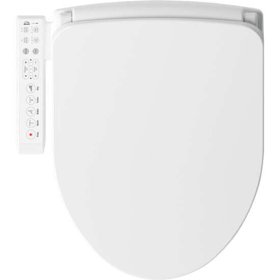 White round bidet toilet seat with attached control panel featuring multiple function buttons on the left side.