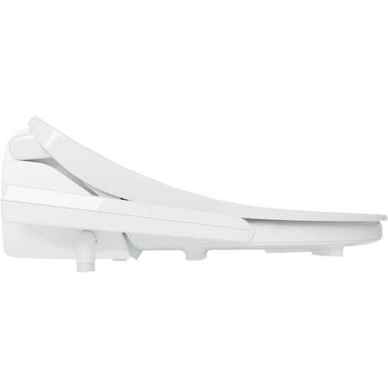 White round bidet toilet seat with curved lid and control panel on side.