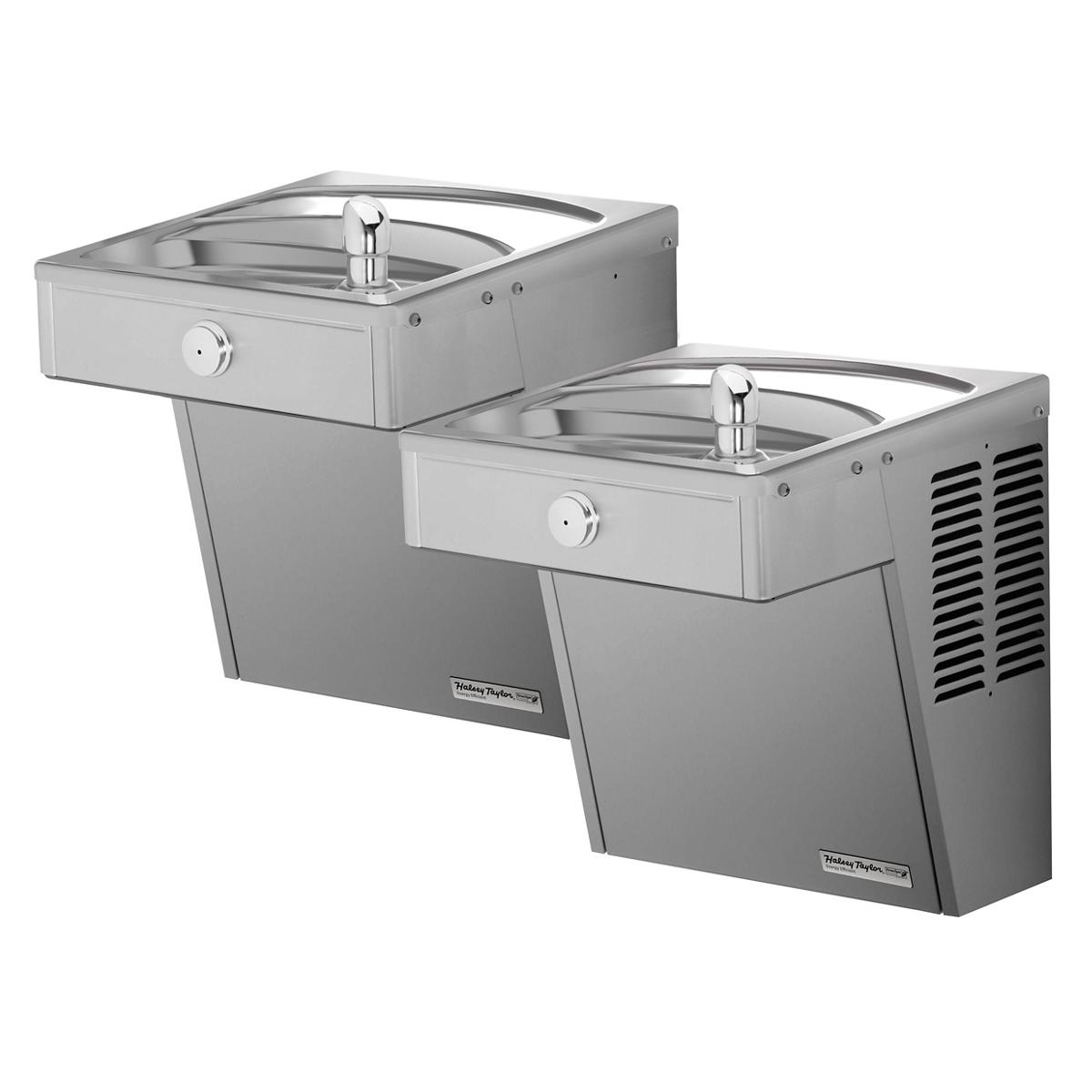 Stainless steel wall-mounted bi-level drinking fountain with two bowl stations at different heights and chrome faucets.