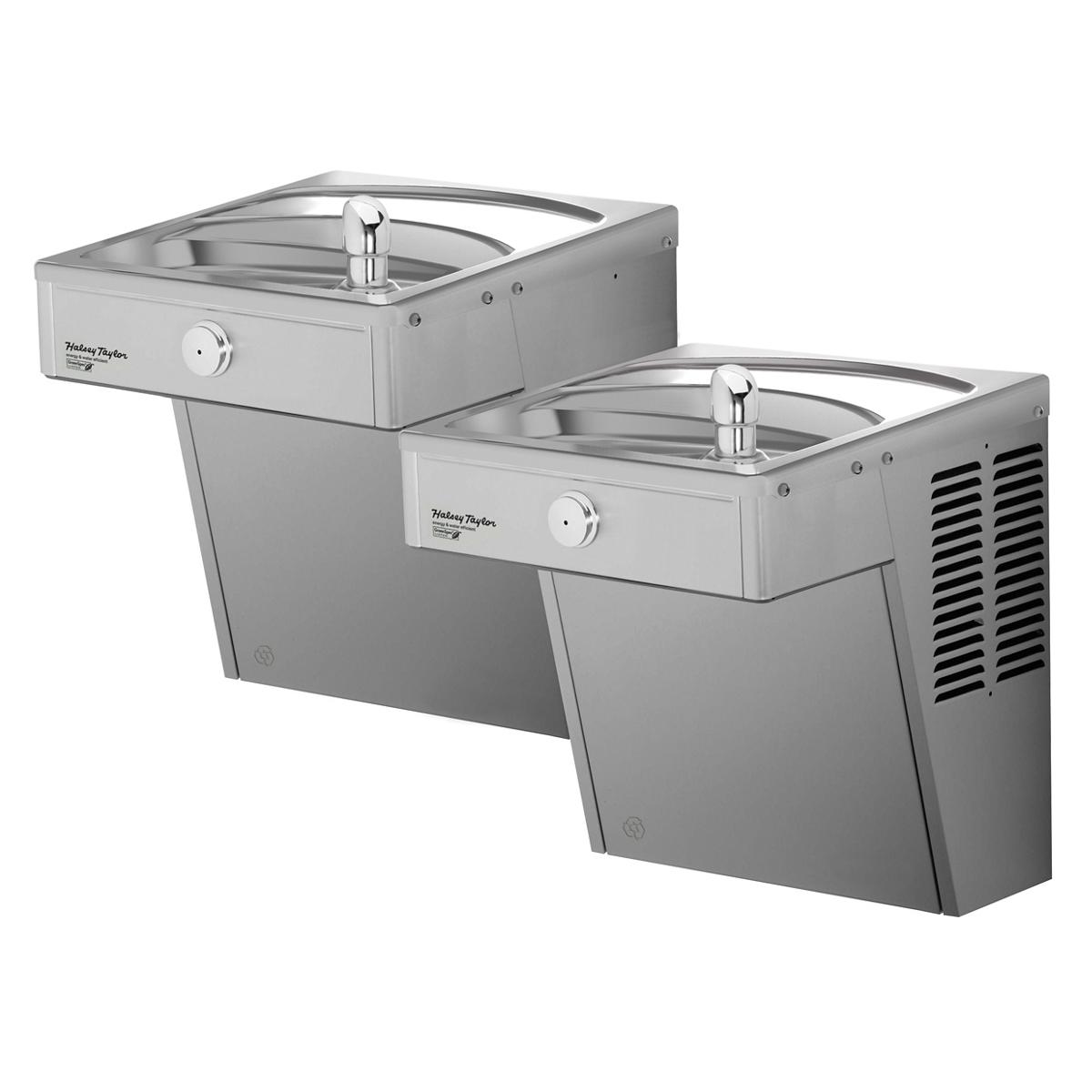Stainless steel wall-mounted bi-level water cooler with two drinking fountains at different heights and refrigeration unit on