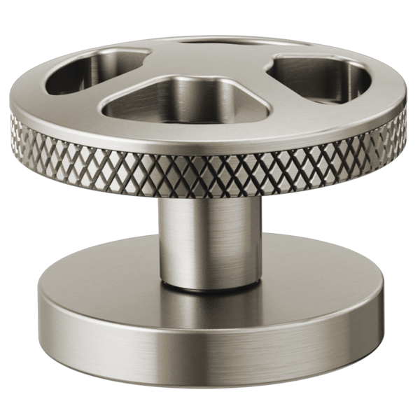 Brushed nickel wheel handle with diamond knurled grip and circular mounting base for faucet installation.