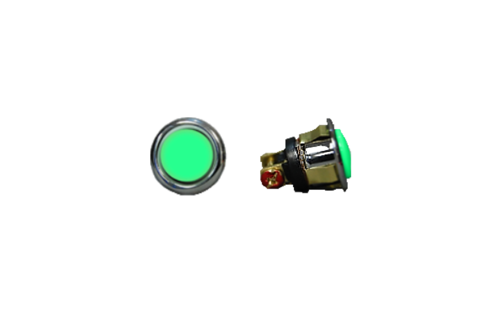 Chrome-plated pushbutton with green illuminated cap, shown front and back views.