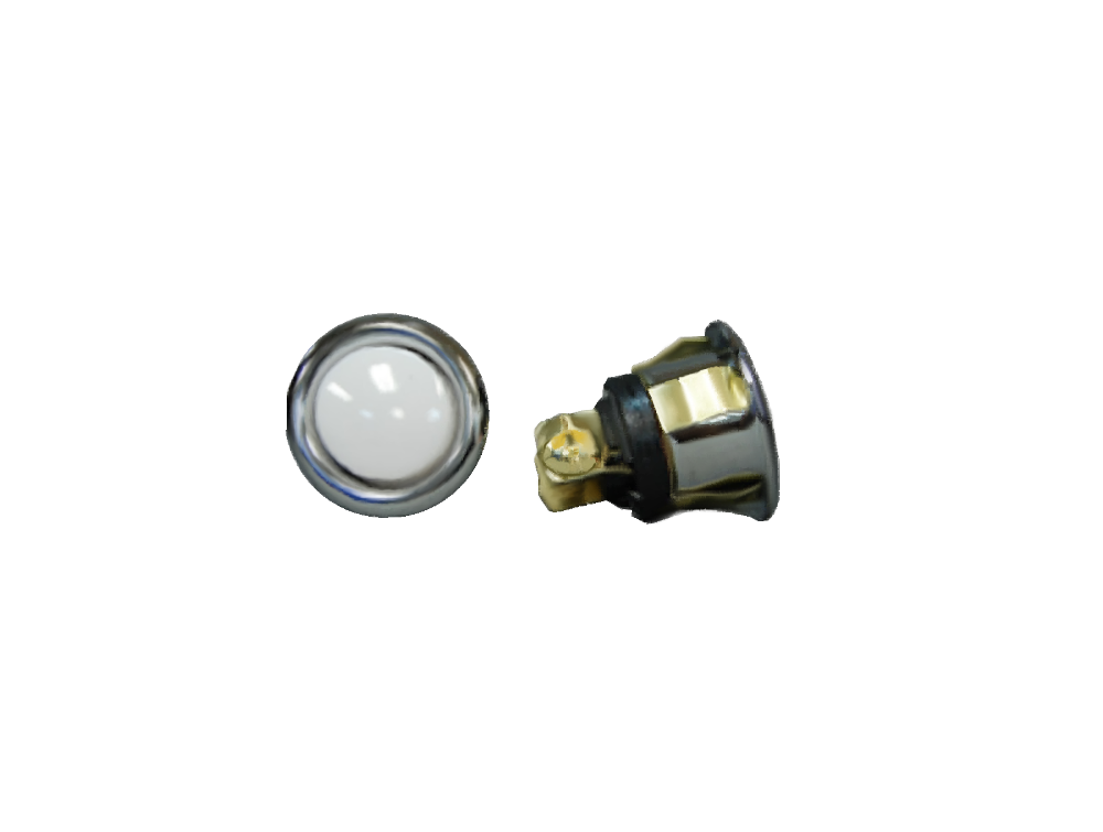 Chrome push button with clear dome top and brass connector shown in front and side views.