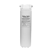 White cylindrical Halsey Taylor WaterSentry VII filter cartridge with label and metal attachment clips at top.