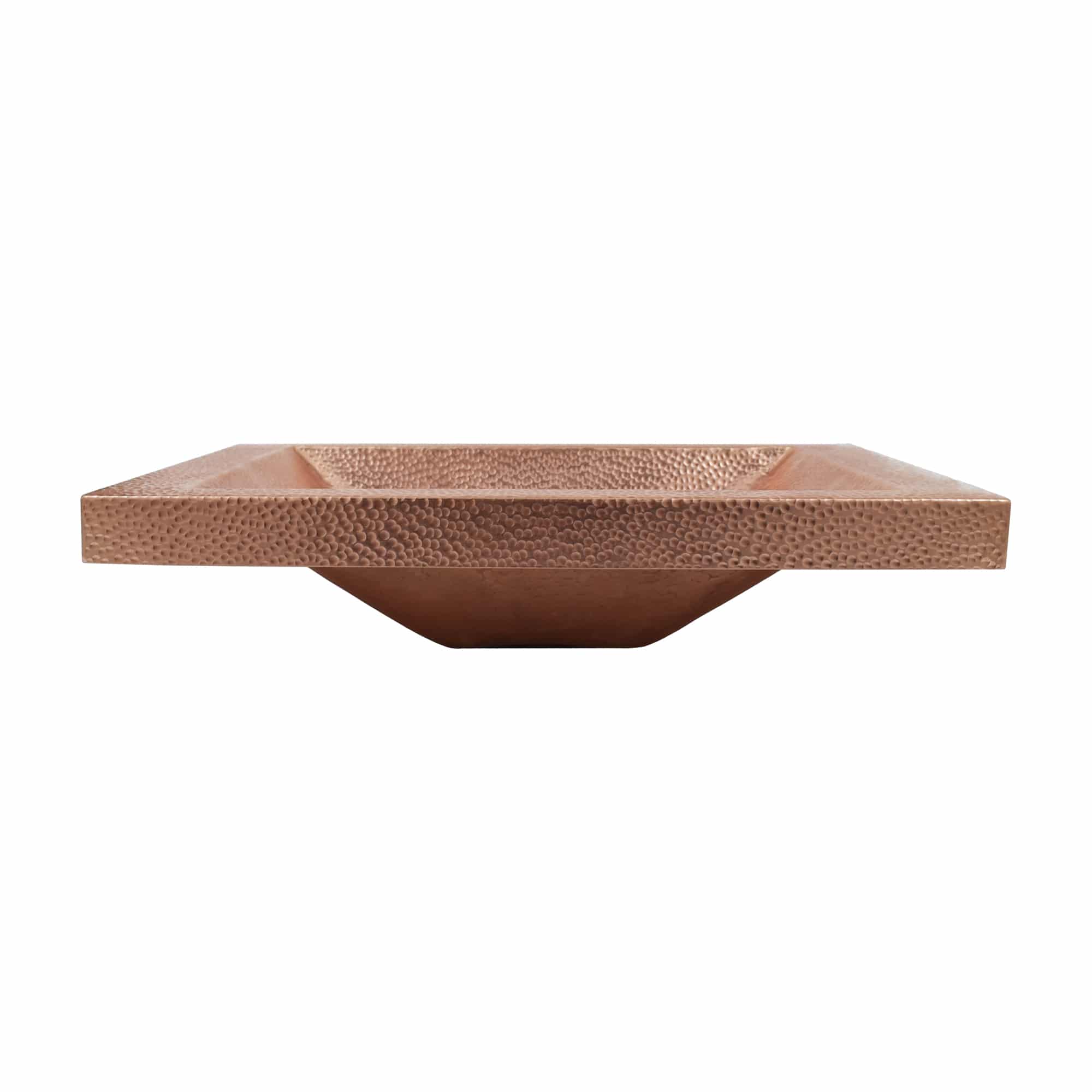 Polished copper sink with hammered texture and curved basin mounted on white background.