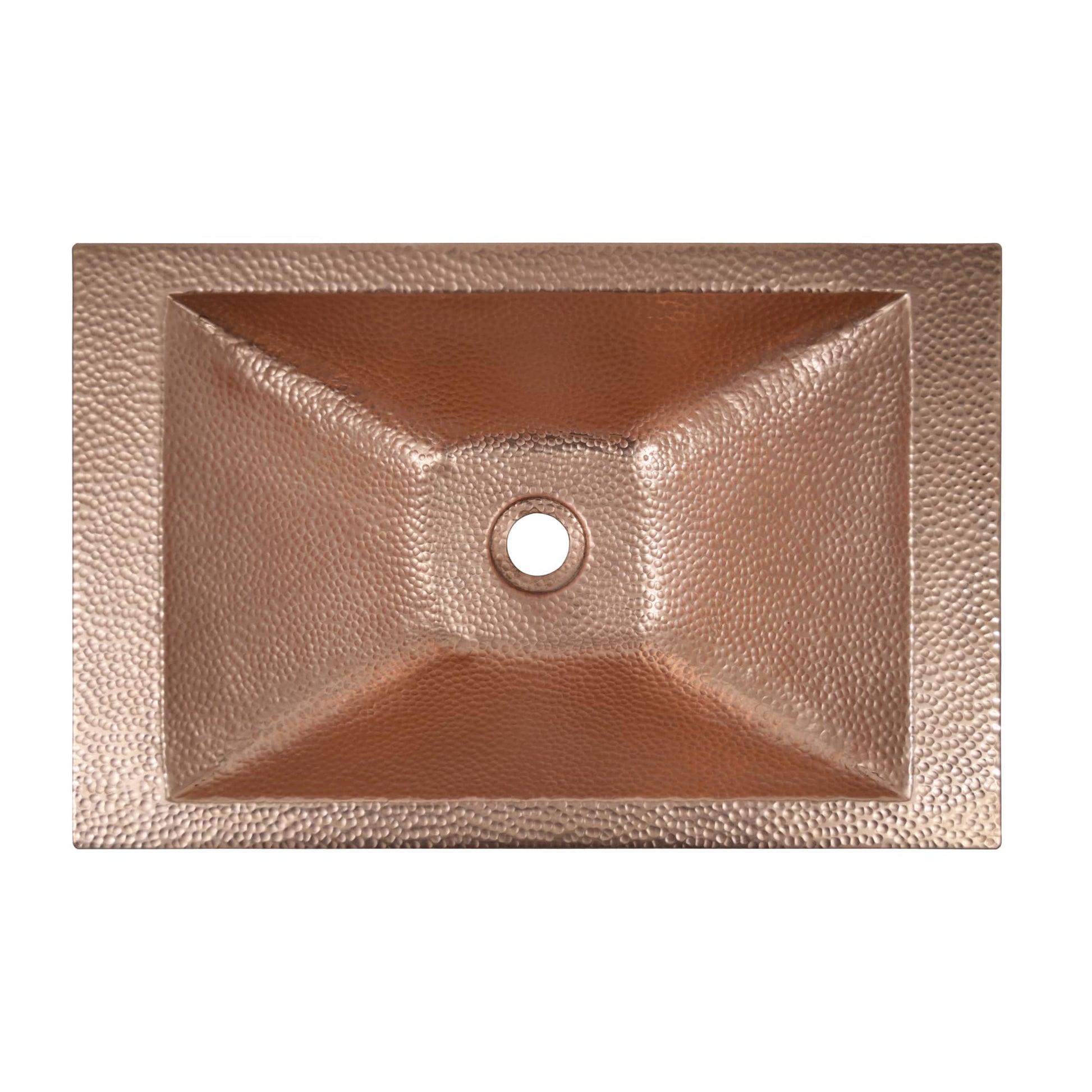 Polished copper rectangular sink basin with textured surface and centered drain opening, viewed from above.