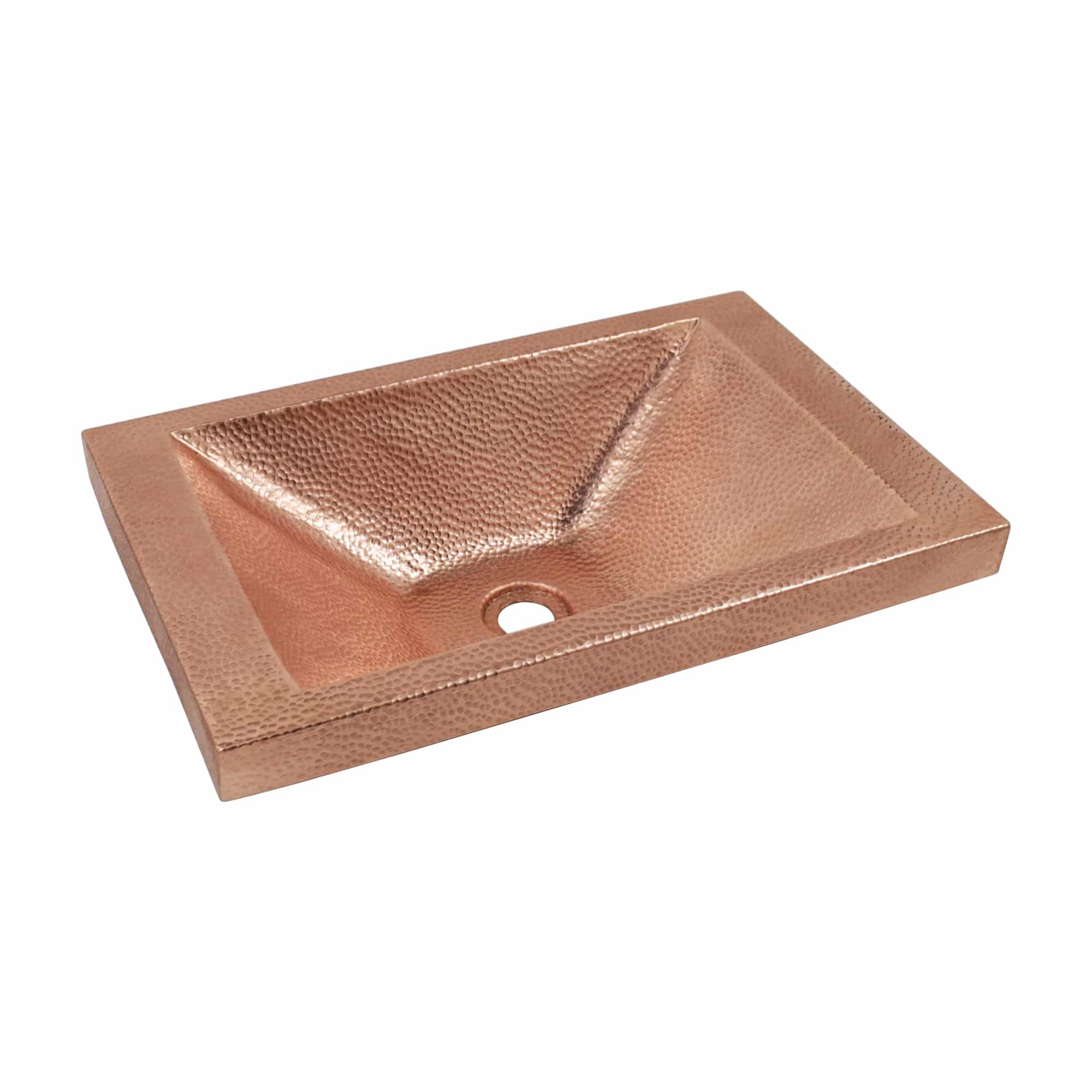 Polished copper rectangular sink with hammered texture and single drain hole.