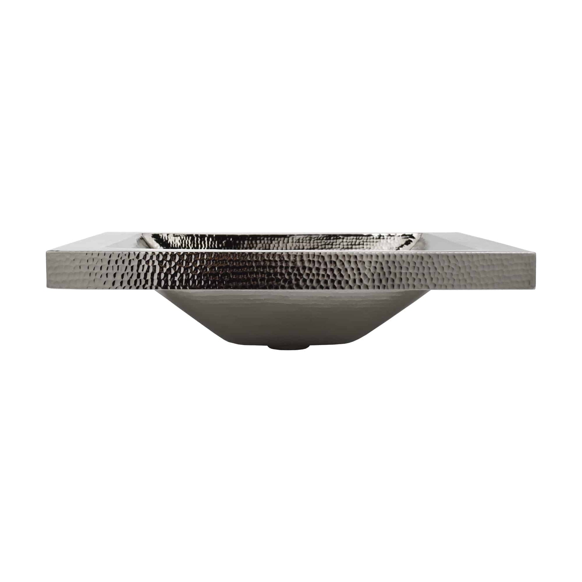 Polished nickel vessel sink with textured hammered surface and curved bowl basin.