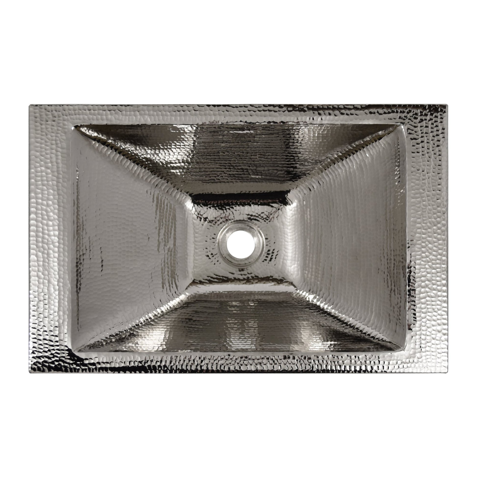 Polished nickel rectangular sink with hammered texture interior and single drain hole, viewed from above.