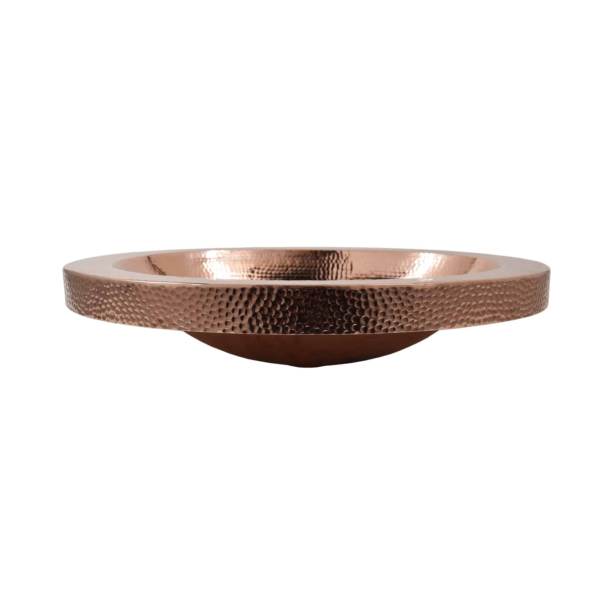 Polished copper vessel sink with hammered textured exterior and wide rounded rim.