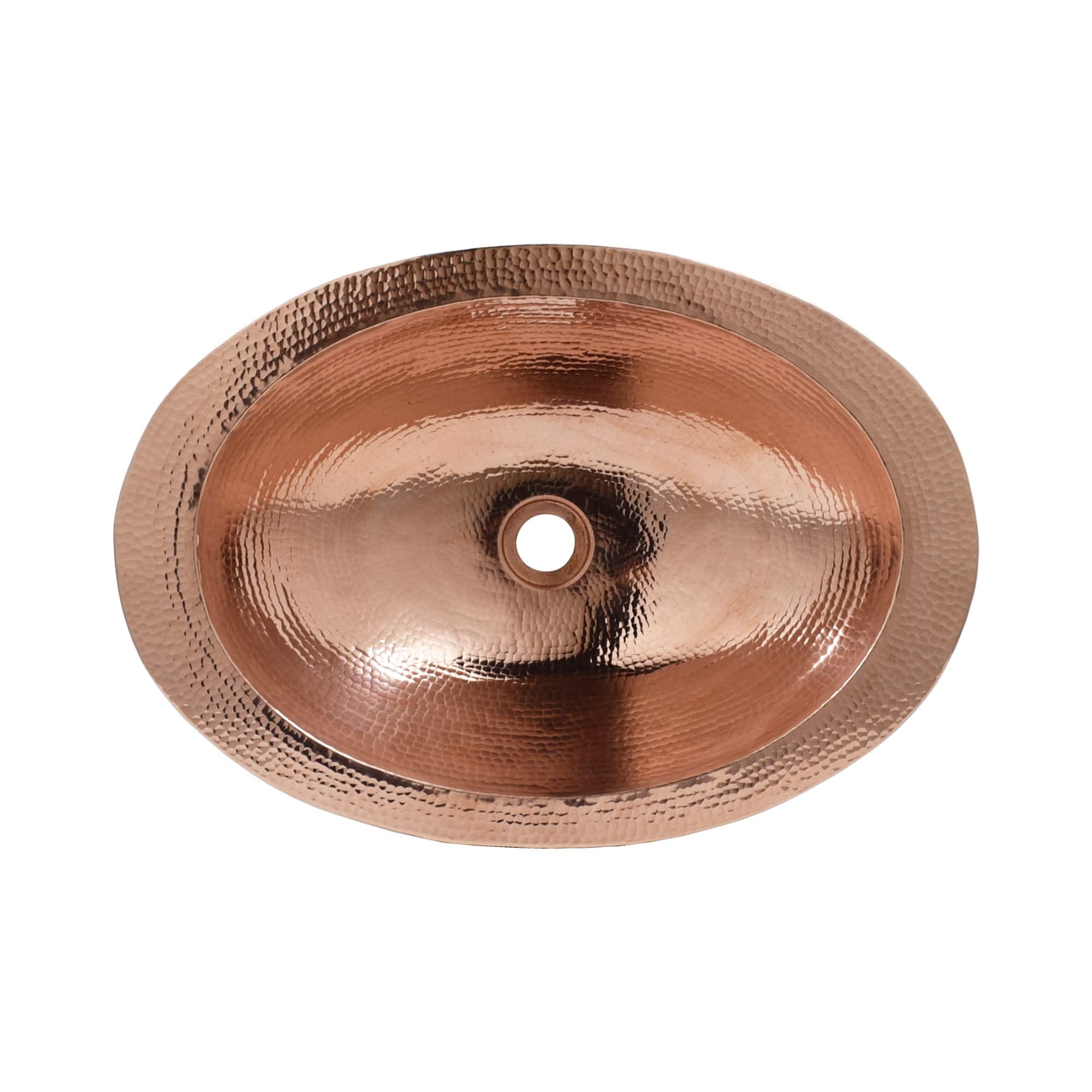 Polished copper oval sink with hammered texture and single center drain hole, viewed from above.