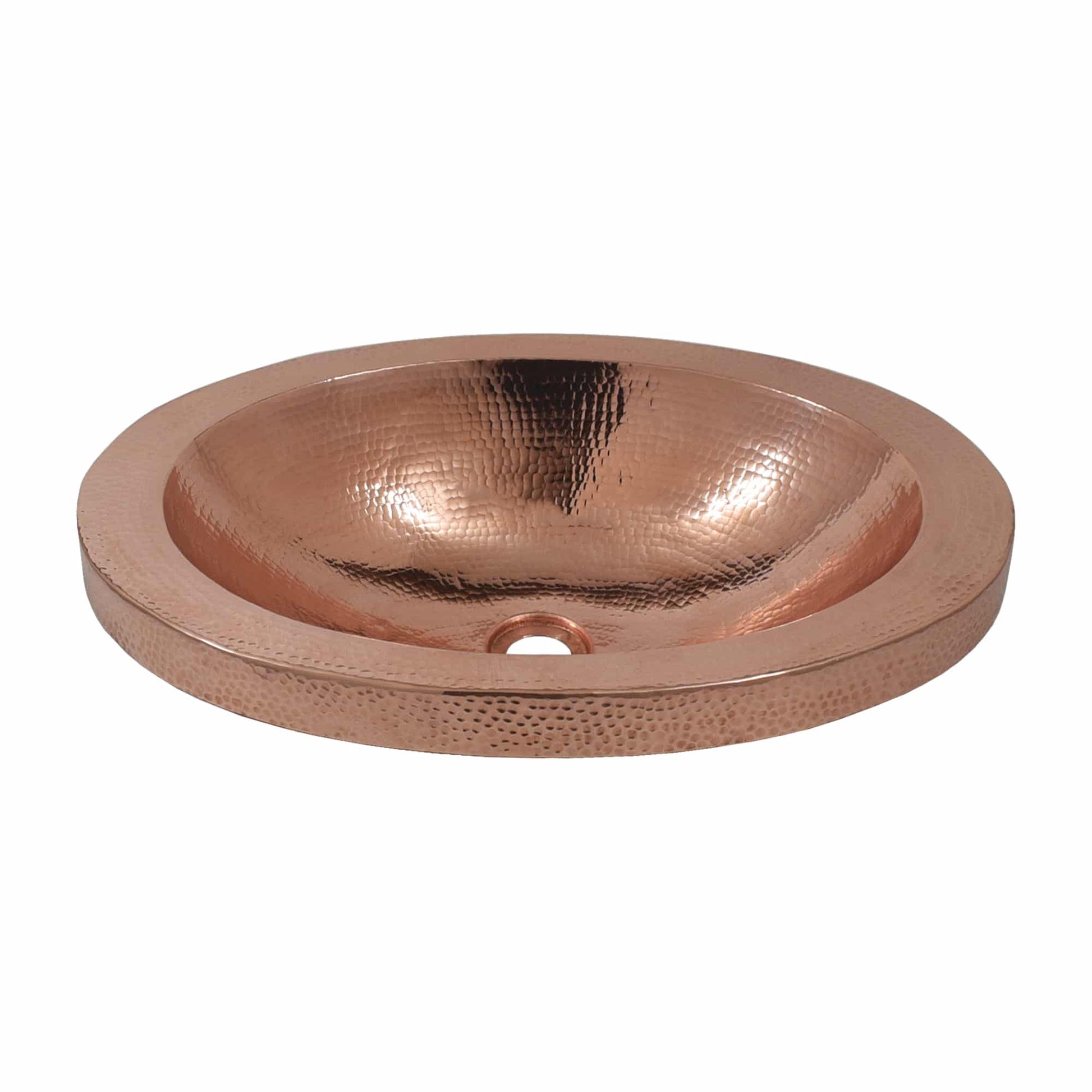 Polished copper oval sink with hammered texture finish and single drain hole.