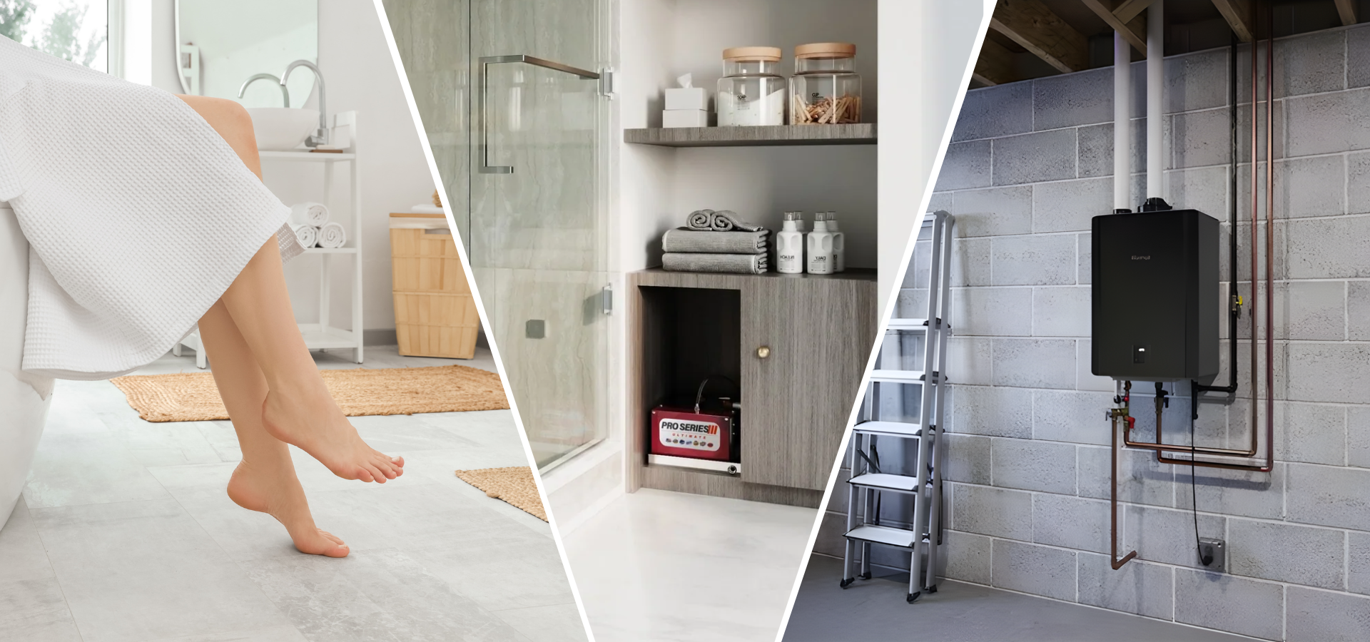 Collage of a bathroom with a shower, storage cabinet, and wall-mounted appliance.