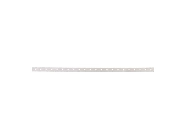 Silver metal bar with evenly spaced holes along its length.