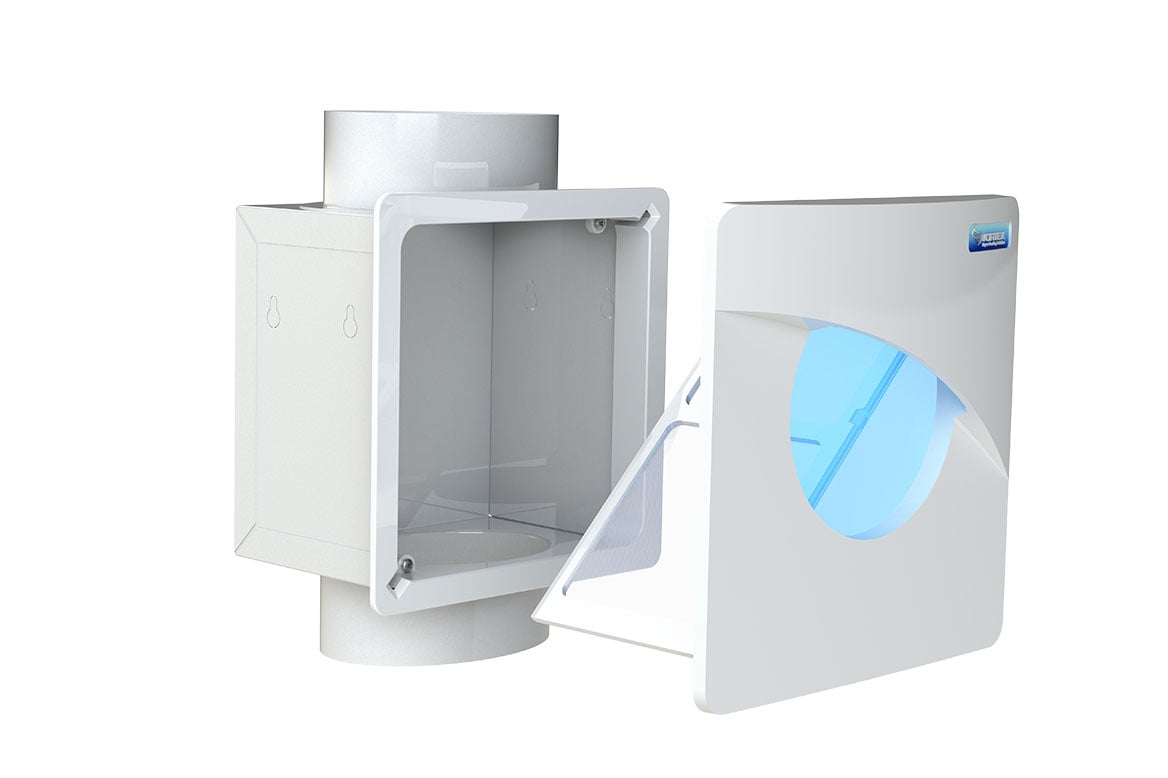 White rectangular lint trap with open door showing interior chamber and removable filter screen, with cylindrical duct connec