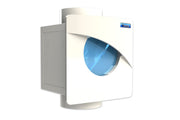 White inline fan lint trap with blue mesh filter chamber and gray mounting bracket for dryer exhaust duct.
