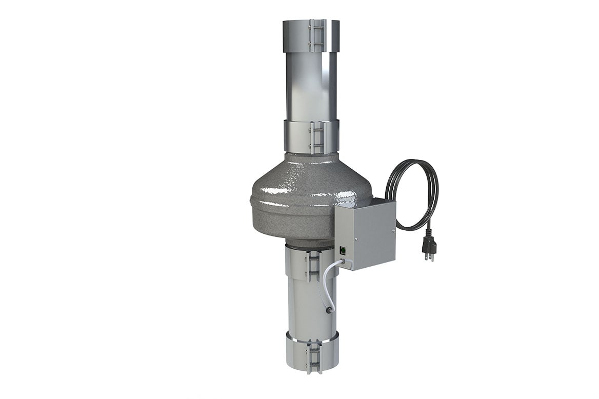 Panasonic inline exhaust fan with gray metal housing, cylindrical duct connector, control box, and black power cord.