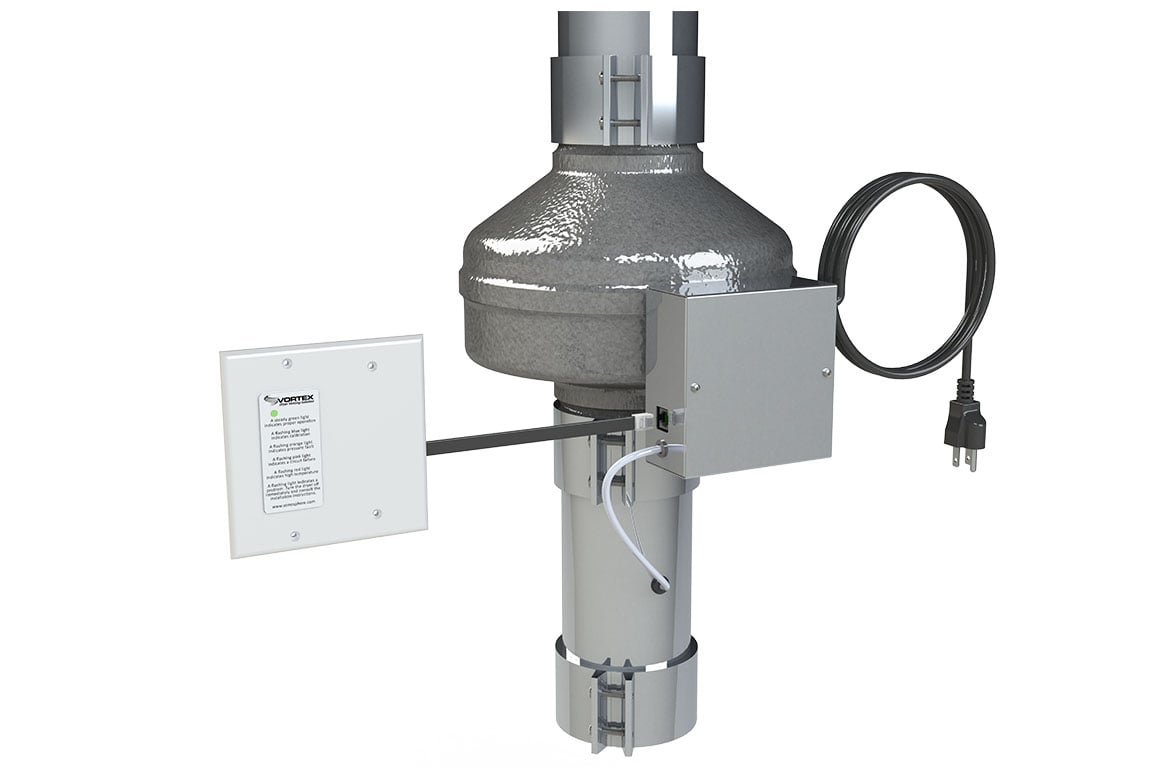 Panasonic in-line dryer exhaust fan with gray spherical motor housing, control box, and black power cord.