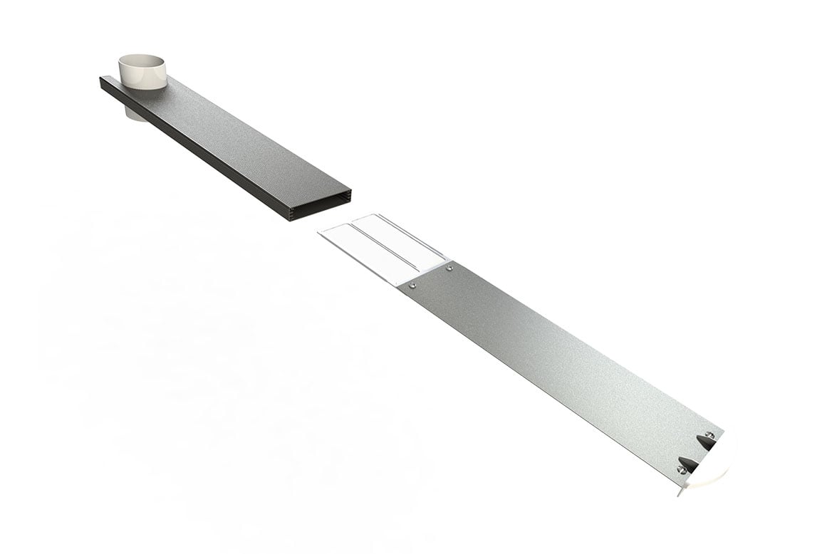 Panasonic Atmosphere Slim Lint Trap with gray and white rectangular duct components and white collection cup.