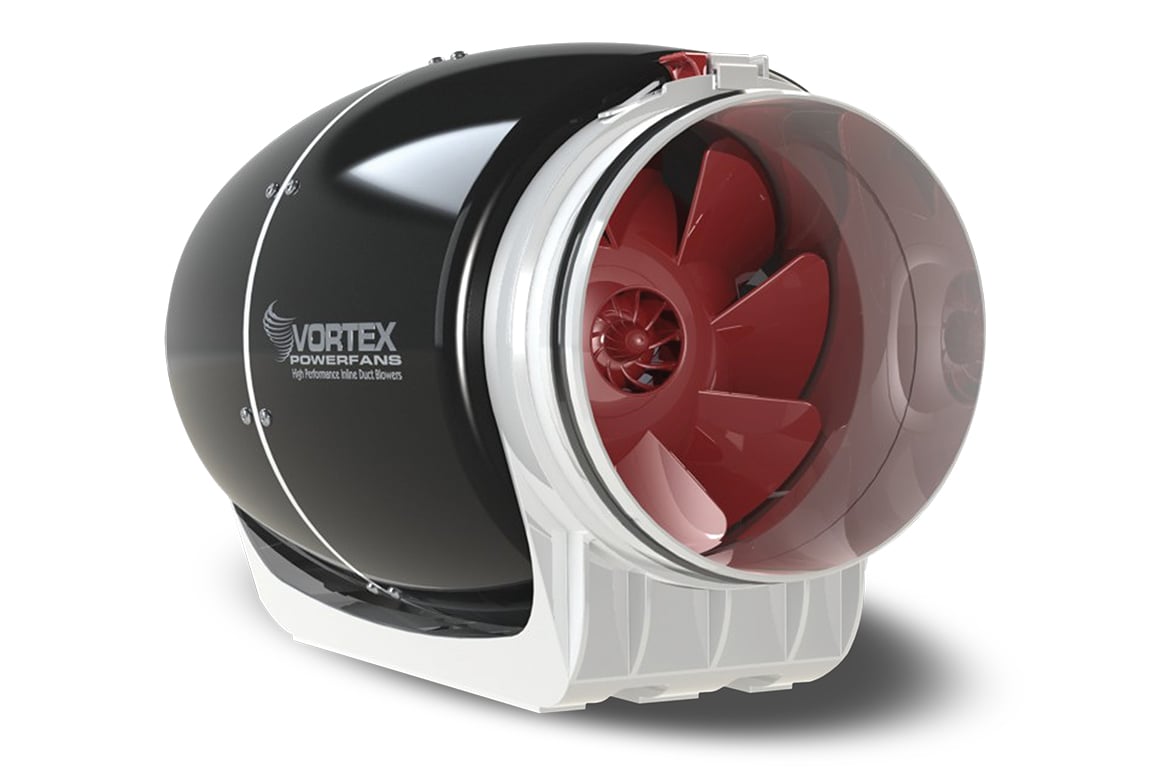 Cylindrical mixed-flow inline fan with black housing, white trim ring, and red internal blades visible through clear front ho