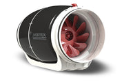 Panasonic Vortex inline fan with red impeller, white and black cylindrical body, and red switch on top.
