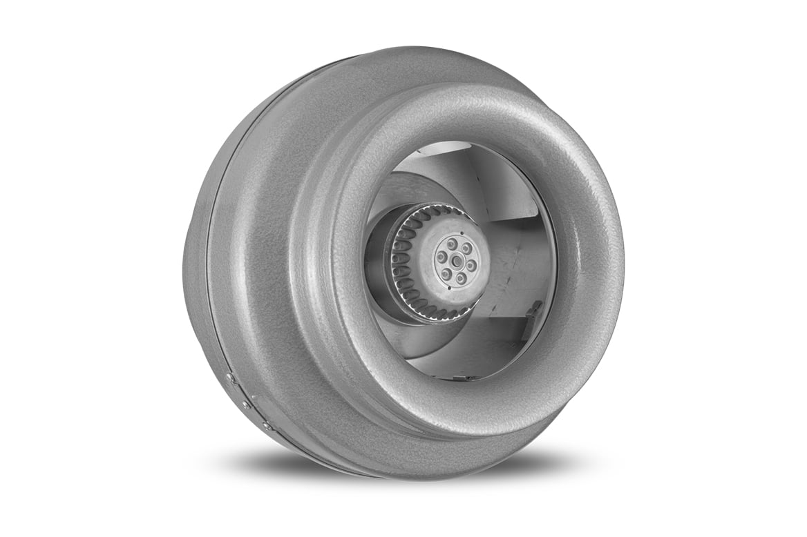Silver cylindrical in-line duct fan with centrifugal motor and curved blade visible inside circular housing.