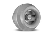 Silver cylindrical centrifugal duct fan with exposed motor and curved blade impeller visible through center opening.