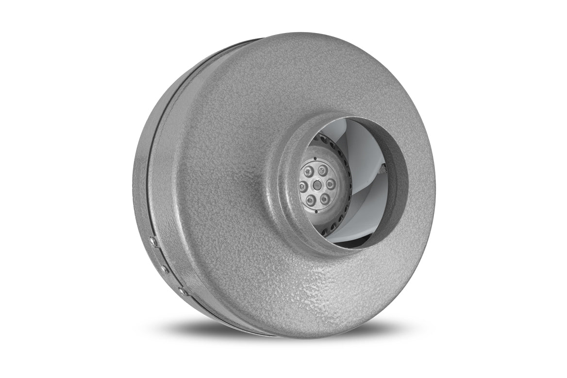 Gray cylindrical centrifugal inline duct fan with visible internal impeller and motor housing.