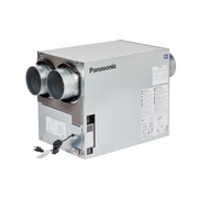 Panasonic white energy recovery ventilator unit with dual metallic ducting ports and power cord attachment.