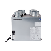 Panasonic BalancedHome 130 Elite Plus energy recovery ventilator with four metal ducts, control panel, and power cord.