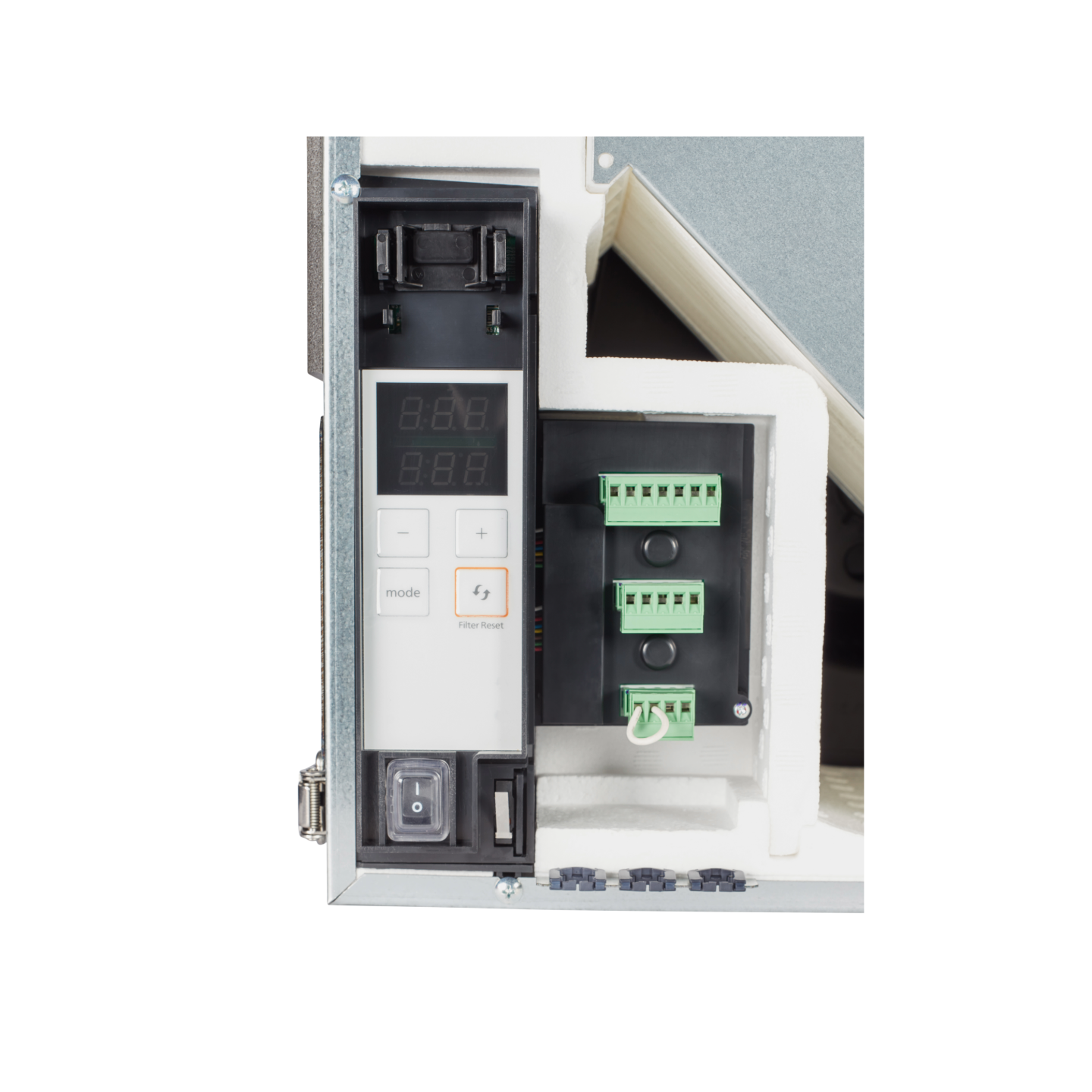 Panasonic ERV unit with white control panel displaying digital readouts, mode and boost buttons, and green terminal blocks fo