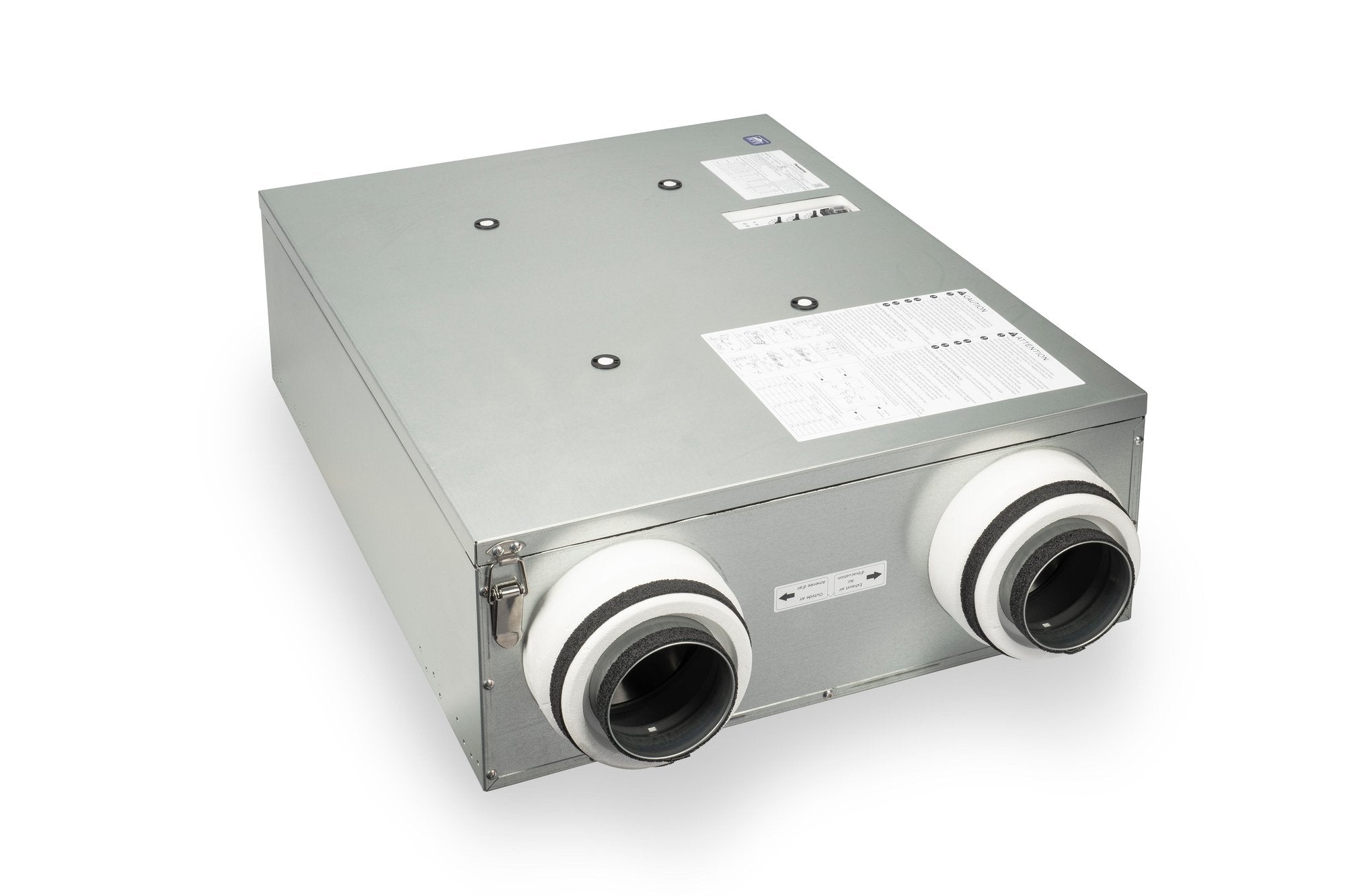 Panasonic Intelli-Balance 100 ERV unit with gray metal housing and two white ducting connectors on front face.