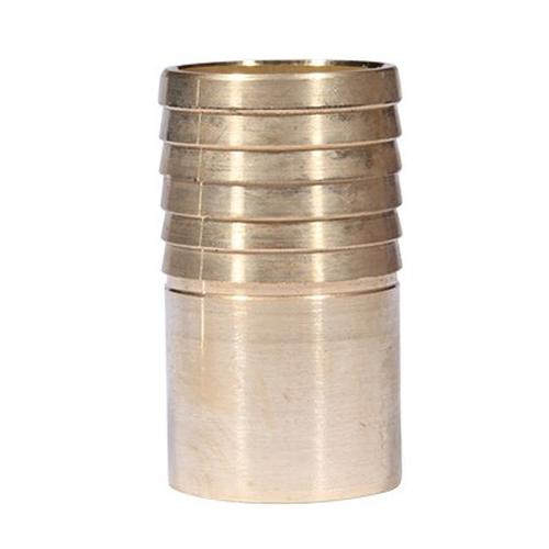 Yellow brass solder adapter with barbed top section and smooth cylindrical lower section.