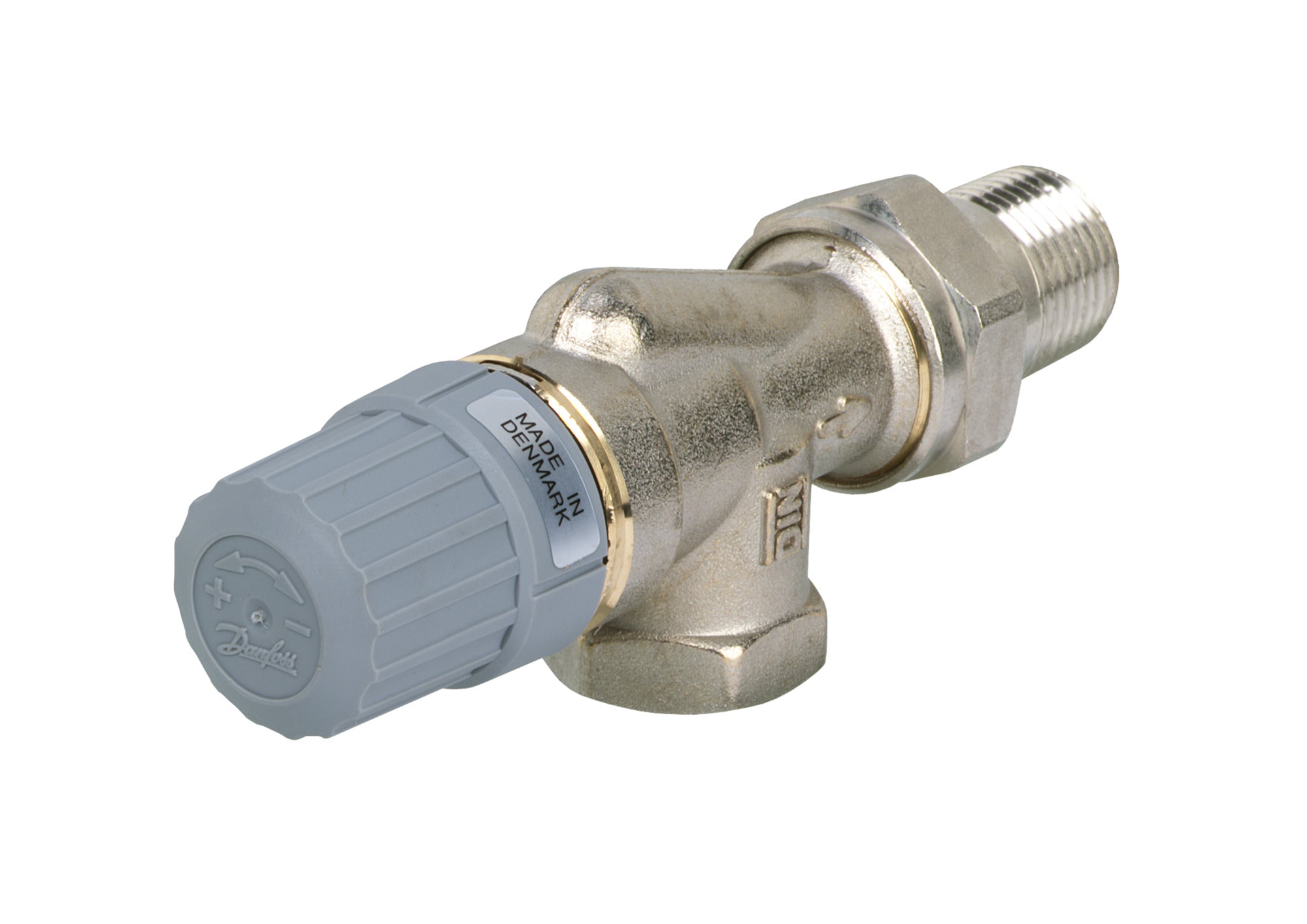 Danfoss RA2000 angle valve with gray actuator head and threaded metal body for 1/2" pipe connection.