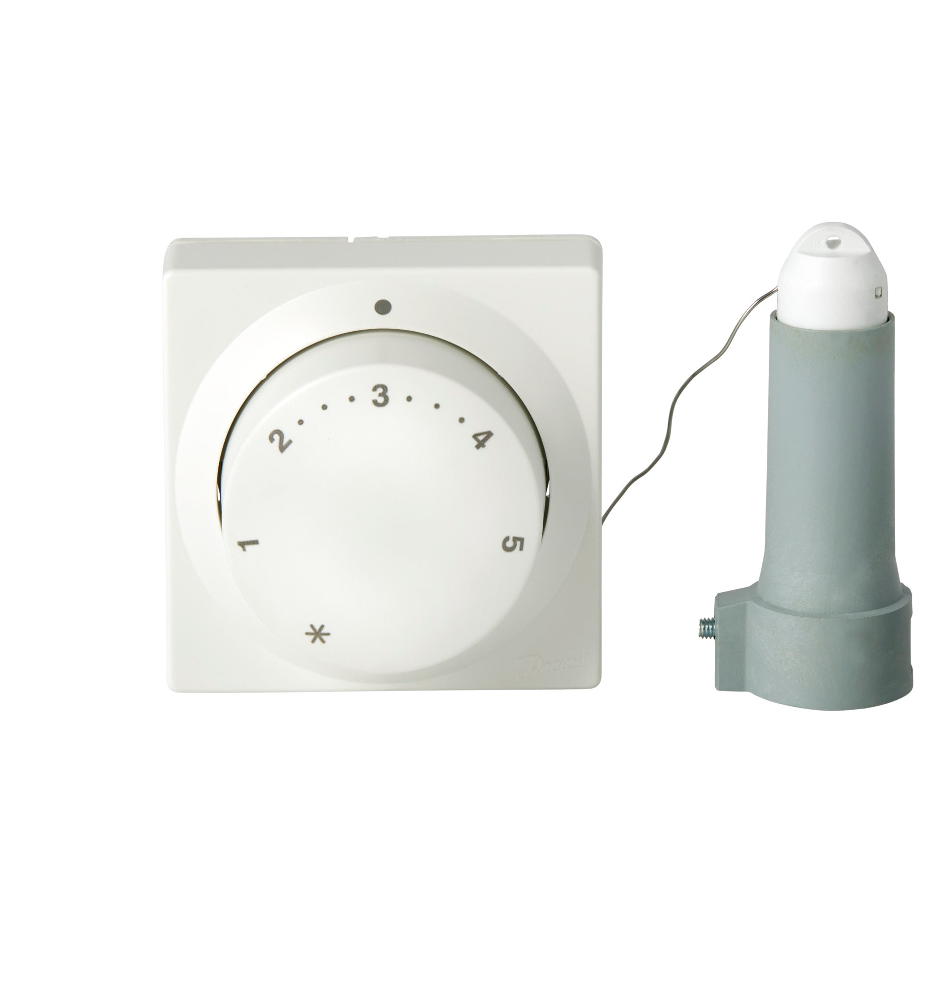 White wall-mounted thermostat dial with numbered scale 1-5 connected by capillary tube to gray remote sensor head.