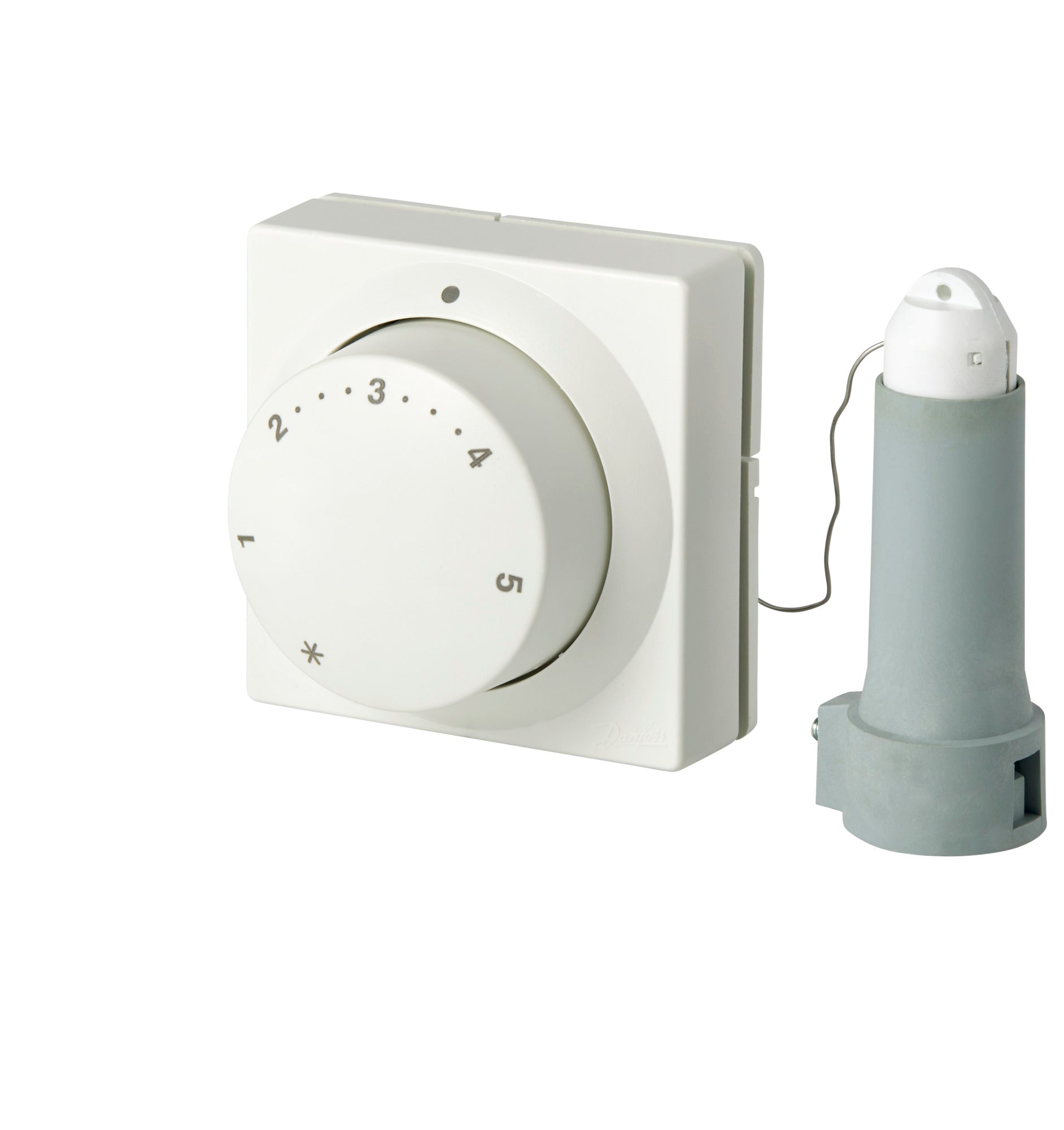White wall-mounted thermostat dial with numbered settings 1-5 and gray remote sensor bulb connected by capillary tube.