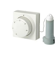 White wall-mounted thermostat dial with numbered 1-5 settings and gray remote sensor probe connected by capillary tube.