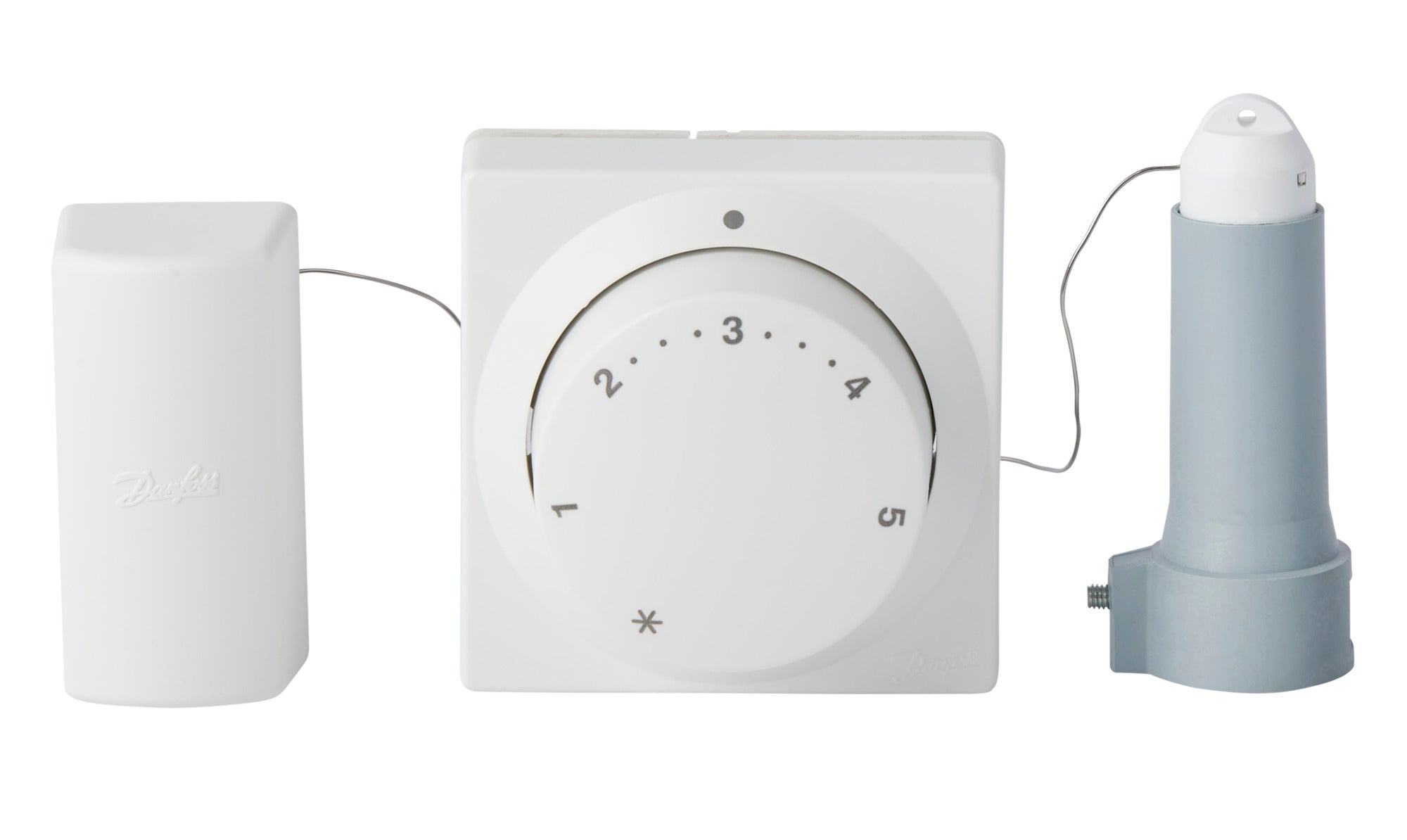 White Danfoss RA 2000 radiator thermostat with dial control and wireless sensor components.