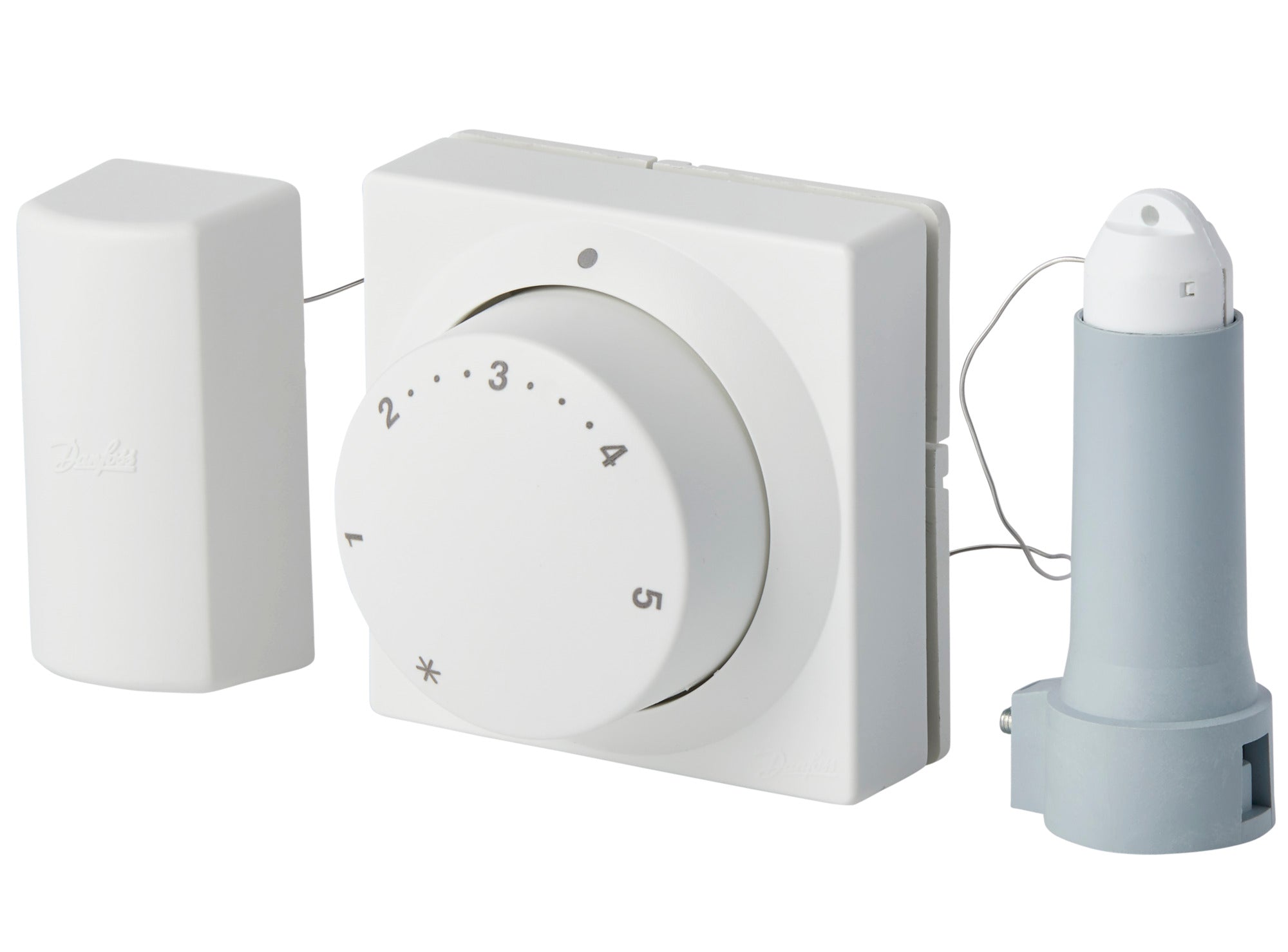 White Danfoss radiator thermostat with rotary dial showing numbers 1-5, includes wireless receiver unit and sensor probe.
