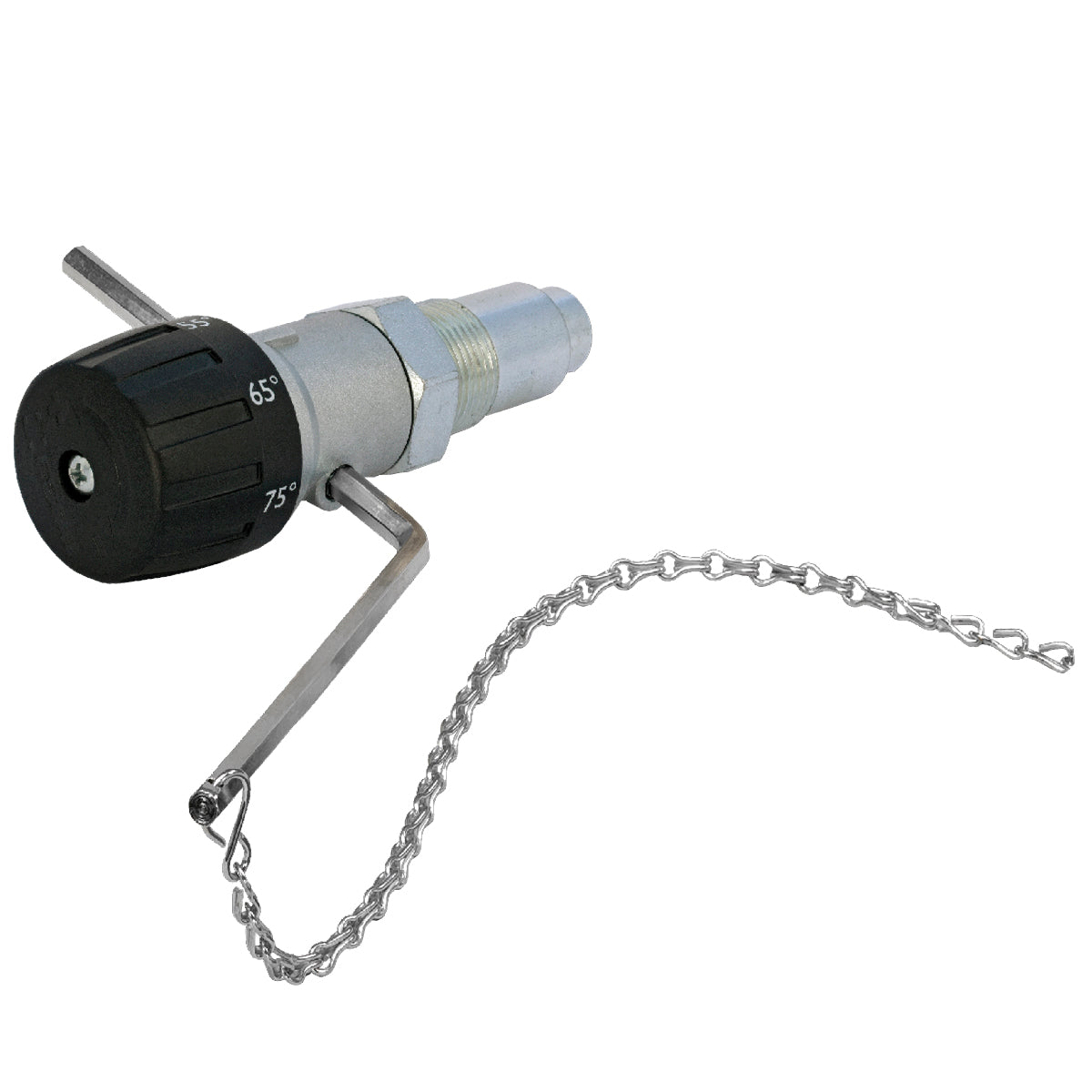 Danfoss draft regulator with black control knob, metal threaded connector, lever arm, and attached chain.