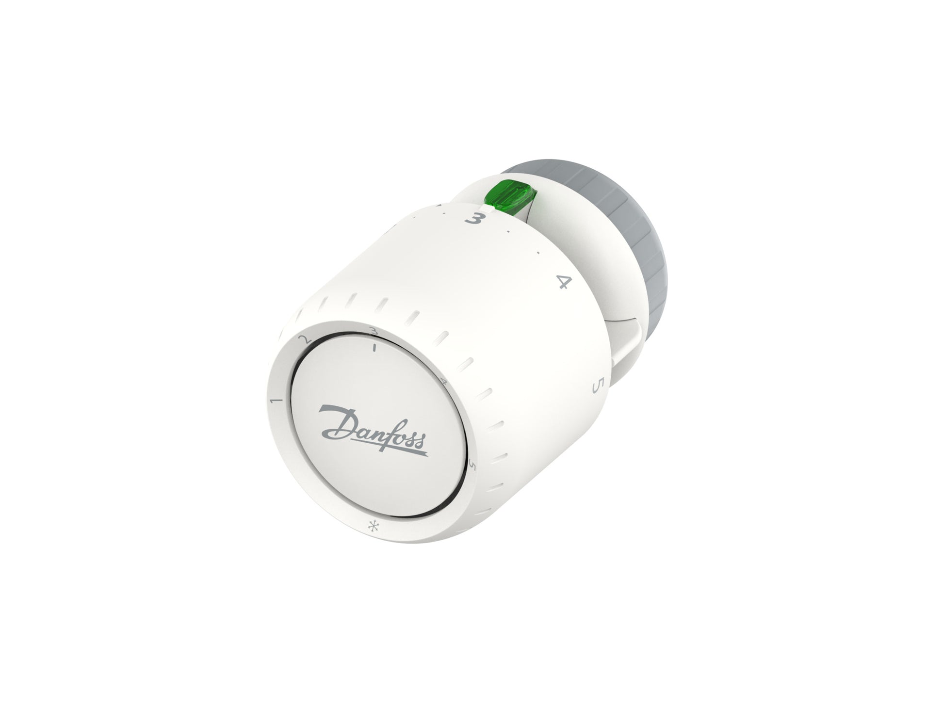 White cylindrical Danfoss Aveo thermostatic radiator valve operator with numbered dial and green indicator window.