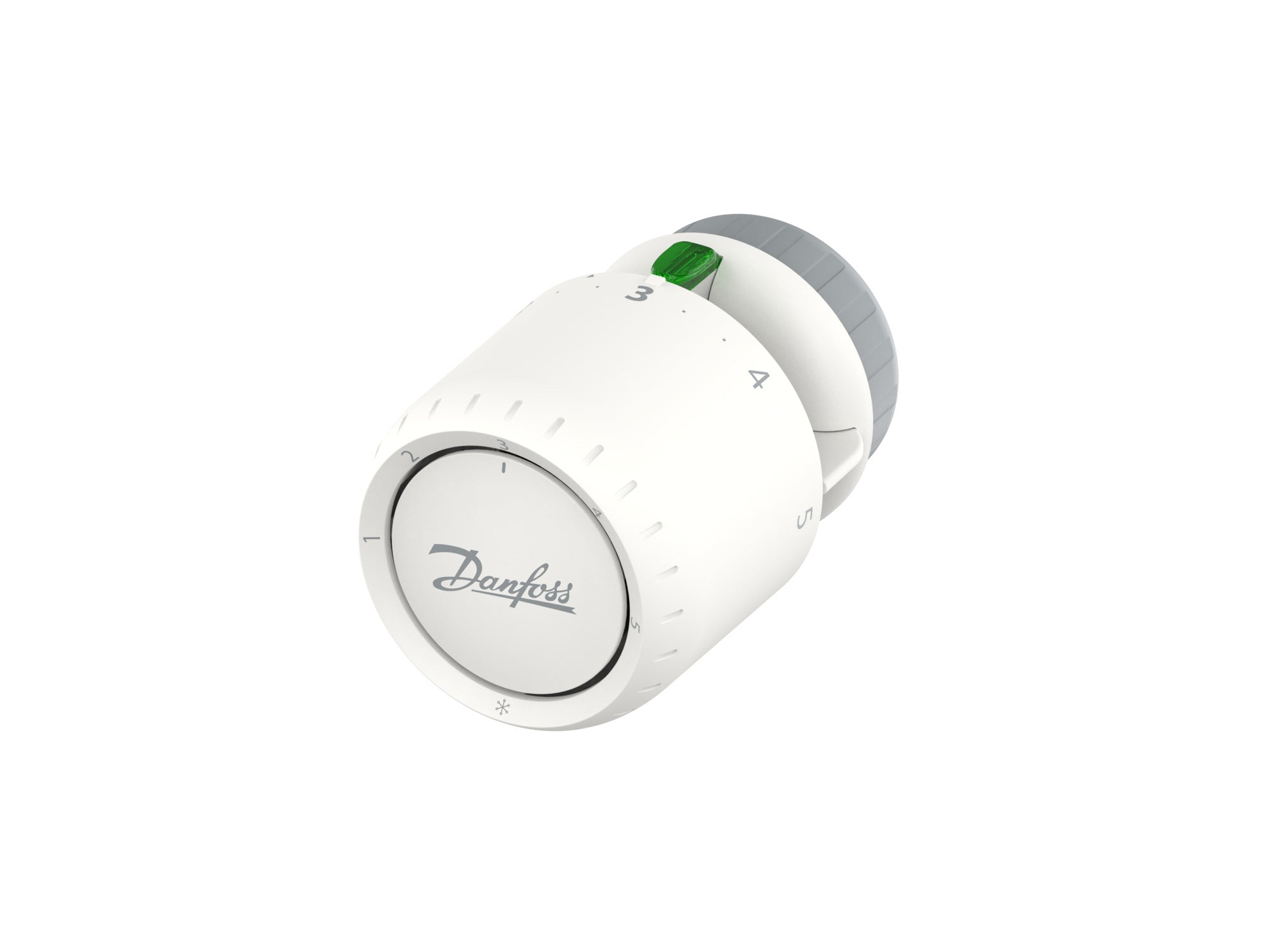 White cylindrical Danfoss Aveo thermostatic radiator valve operator with numbered dial and green indicator window.