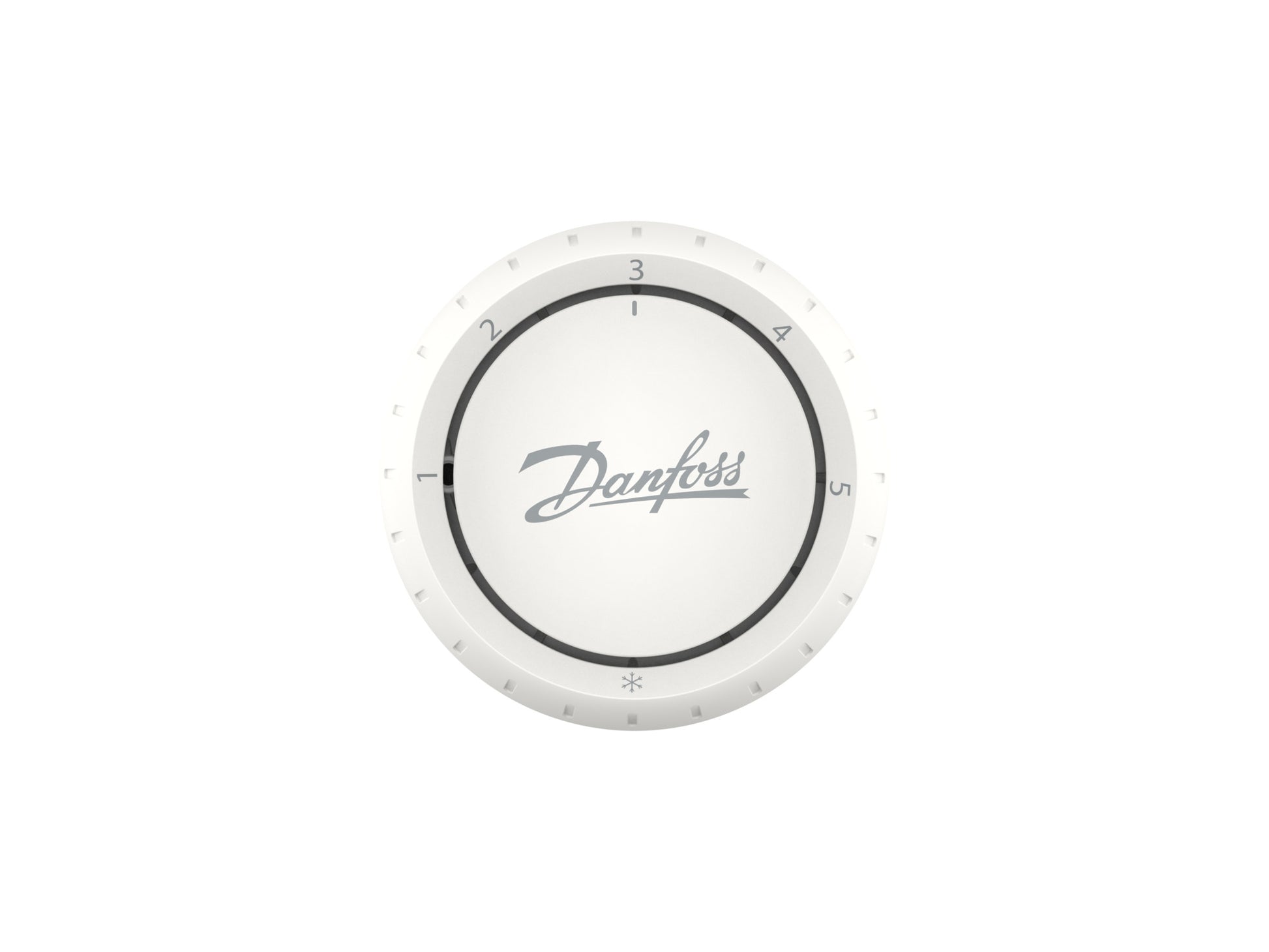 White circular thermostatic radiator valve operator with numbered dial 1-5 and Danfoss branding.