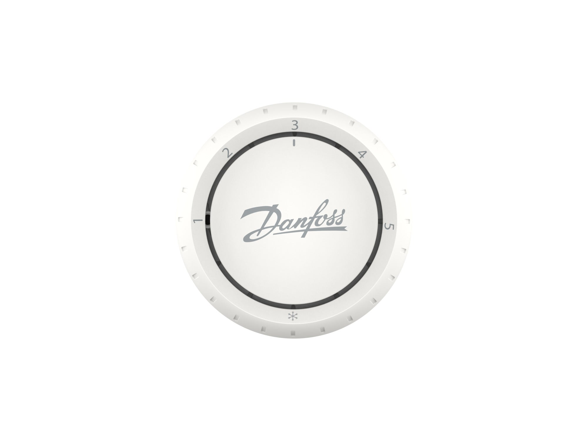 White circular thermostatic radiator valve operator with numbered dial 1-5 and Danfoss branding.