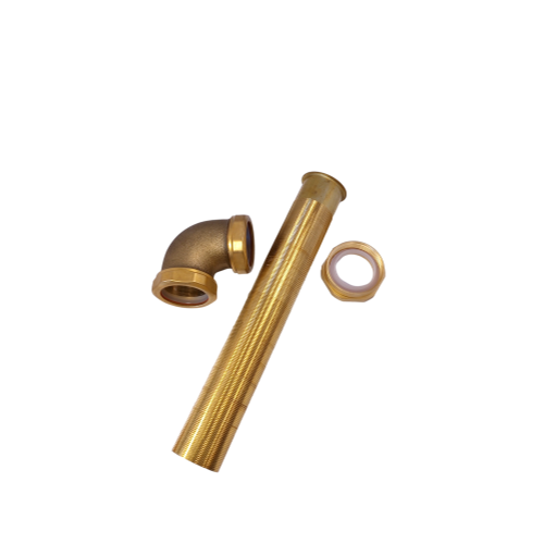 Brass wall-mount outlet tube with elbow connector and washer ring.