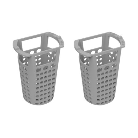 Two gray cylindrical drain baskets with perforated sides and curved handles.