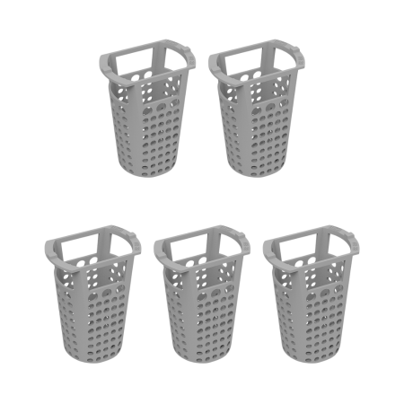 Five gray perforated drain baskets with handles and grid pattern openings.